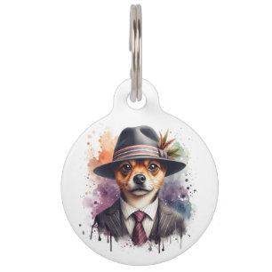 Personalize Brown Dog in Suit Tie Splatter Art Cat Pet Tag