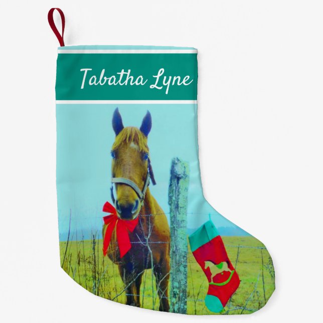 Personalize Brown horse red bow Christmas stocking (Front)