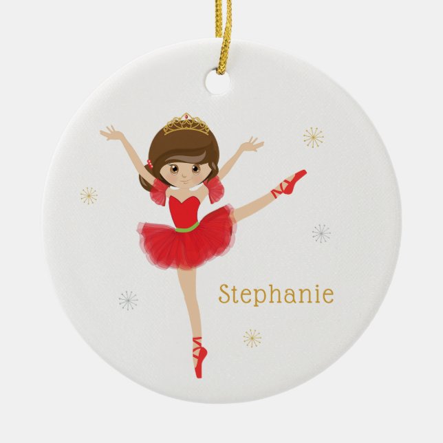 Personalize Brunette Christmas Ballerina Ceramic Ornament (Front)