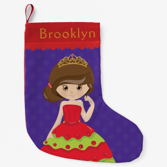 Personalize Brunette Christmas Princess Small Christmas Stocking (Front)