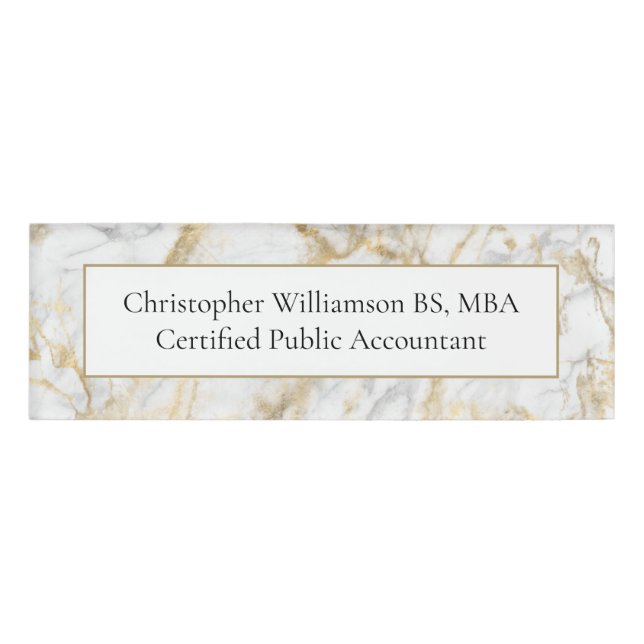 Personalize Business Gold White Grey Marble Name Tag (Front)