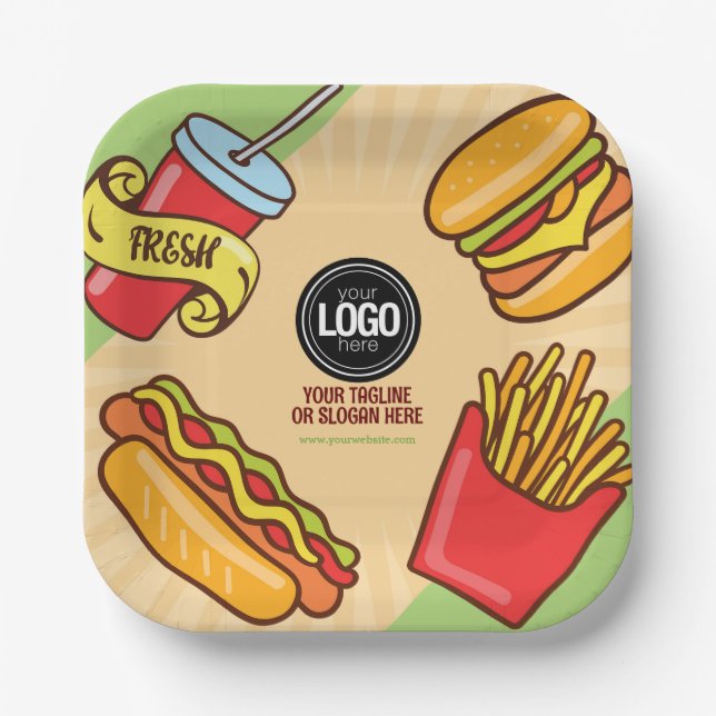 Personalize Business Logo | Hamburger Hotdog Theme Paper Plate (Front)