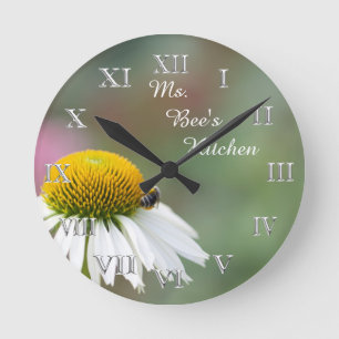 (Personalize)Busy Bee Flower Silver Roman Numerals Round Clock