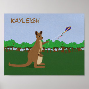 Personalize Cartoon Kangaroos Flying a Kite Poster