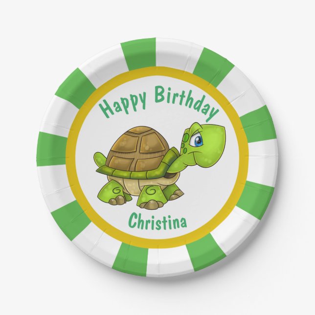 Personalize cartoon turtle birthday party paper plate (Front)