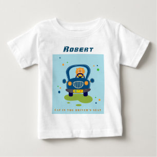 Personalize Cat in Cute Blue Car Baby T-Shirt