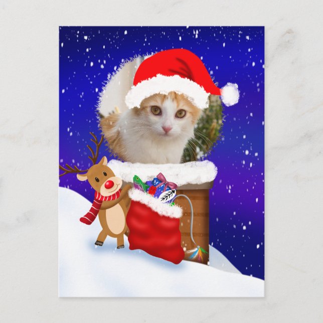 Personalize Cat Santa Rooftop Reindeer With Gifts  Postcard (Front)