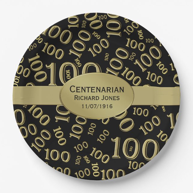 Personalize:  Centenarian, 100th Birthday Theme Paper Plate (Front)