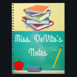 Personalize chalkboard teacher notebook with name<br><div class="desc">This notebook makes a fun and thoughtful gift for the teacher in your life. Personalize the cover with teachers name. Reads: Miss. (insert name) notes. Has an illustration of books,  apple and chalkboard.</div>