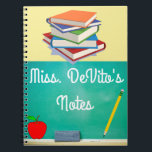 Personalize chalkboard teacher notebook with name<br><div class="desc">This notebook makes a fun and thoughtful gift for the teacher in your life. Personalize the cover with teachers name. Reads: Miss. (insert name) notes. Has an illustration of books,  apple and chalkboard.</div>