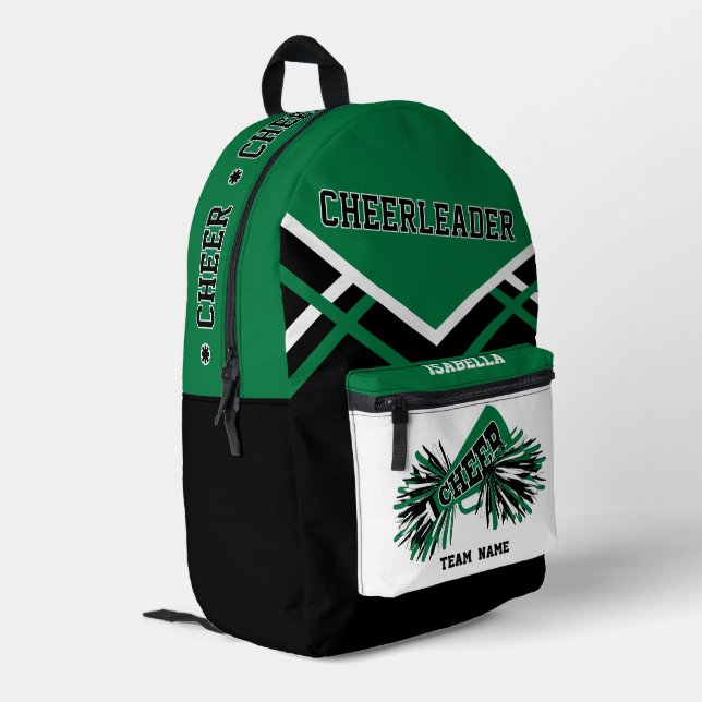 Personalize Cheerleader Green, Black, White Printed Backpack (Back Corner Left)