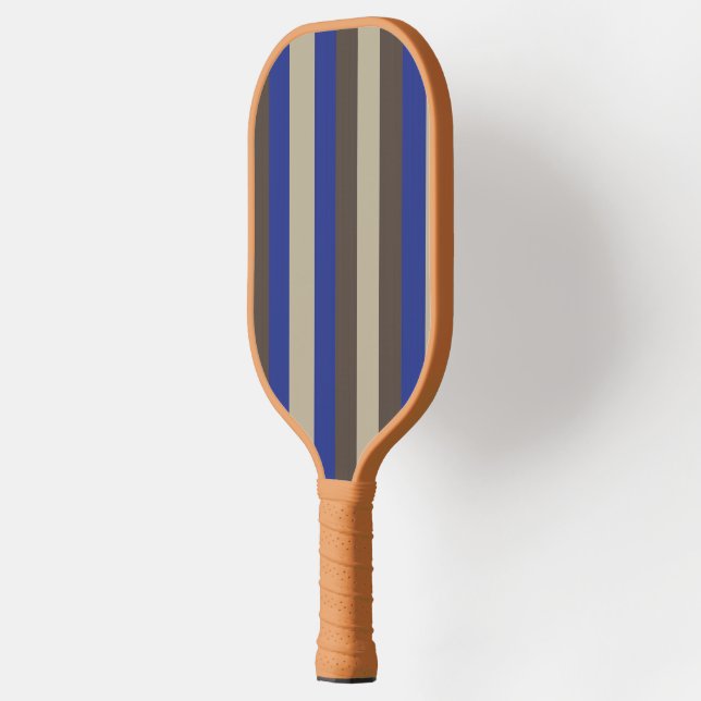 Personalize Chic Blue Brown Beige Vertical Stripe Pickleball Paddle (Left)