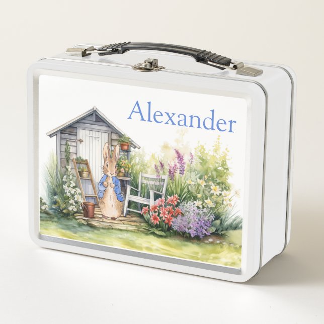 Personalize Child Name Peter the Rabbit garden Metal Lunch Box (Front)