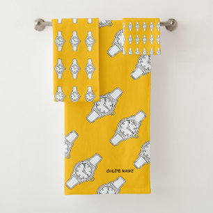Personalize Child's Name Watch The Time Yellow Bath Towel Set