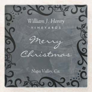 Personalize Christmas Black Scroll Wine Glass Glass Coaster