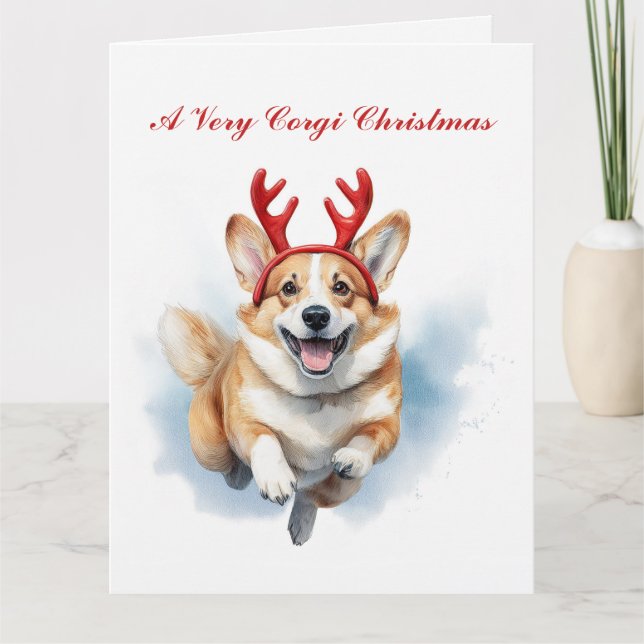 Personalize Christmas Corgi with Reindeer antlers  Card (Front)