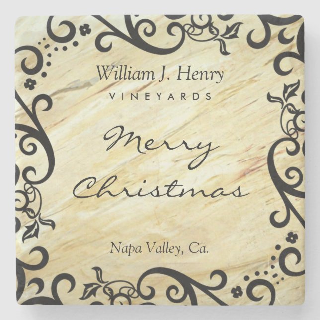 Personalize Christmas Marble Scroll Wine Stone Coaster (Front)