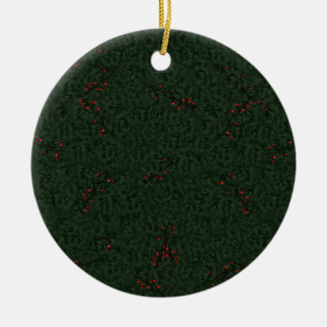 Personalize Christmas Pine Needles/Red Berries Ceramic Ornament (Front)