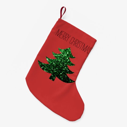 Personalize Christmas tree green sparkles on Red Small Christmas Stocking