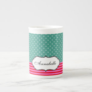 Personalize Classic Polkadots Stripes Teal Pattern Bone China Mug