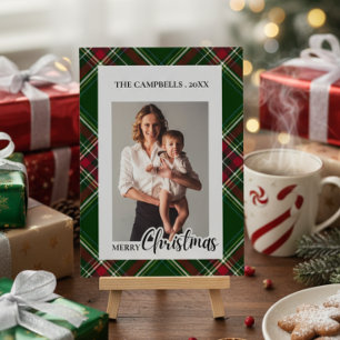 Personalize Colourful Modern Plaid Photo Christmas Invitation