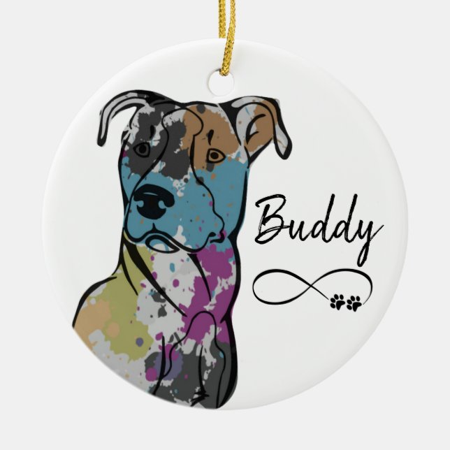 Personalize Colourful Painted Pitbull Dog Ceramic Ornament (Front)
