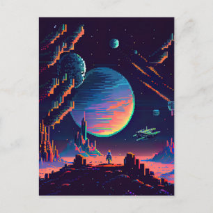 Personalize - Colourful Retro 8Bit Pixel Space Shi Postcard
