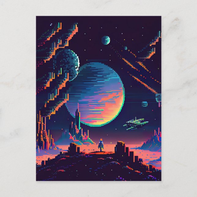 Personalize - Colourful Retro 8Bit Pixel Space Shi Postcard (Front)