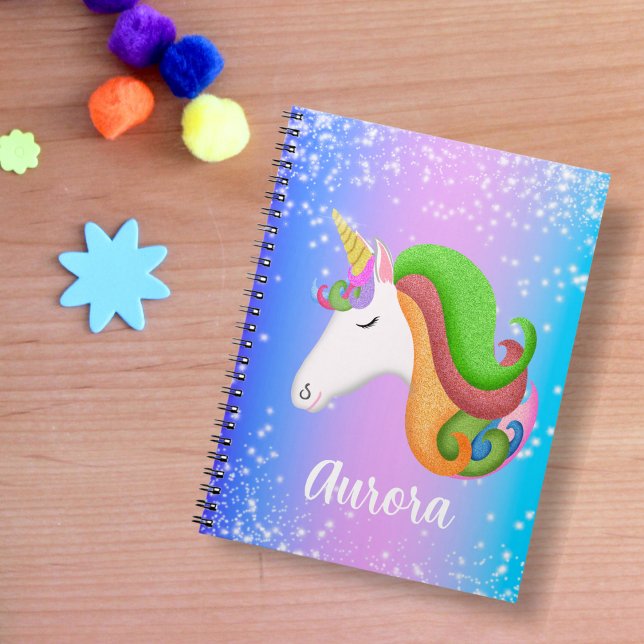 Personalize Colourful Unicorn Glitter  Notebook (Sweet and colorful notebook for school or doodling. )