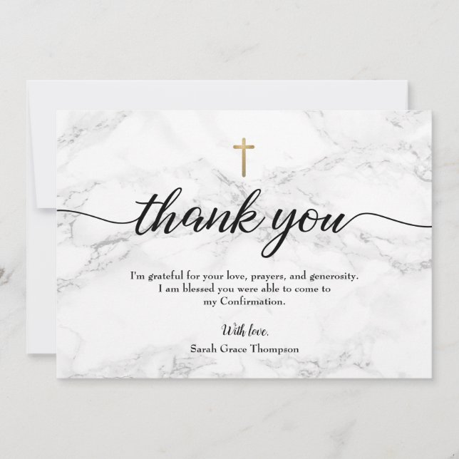 Personalize Confirmation Grey Marble Gold cross Thank You Card (Front)