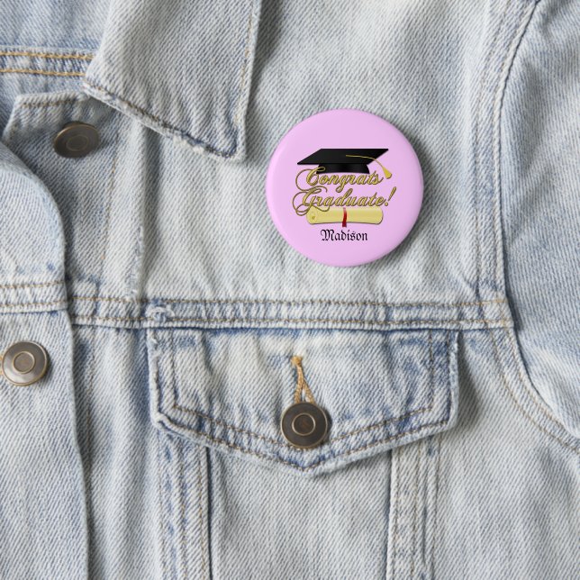 Personalize Congrats Graduate Diploma and hat Pink 2 Inch Round Button (In Situ)