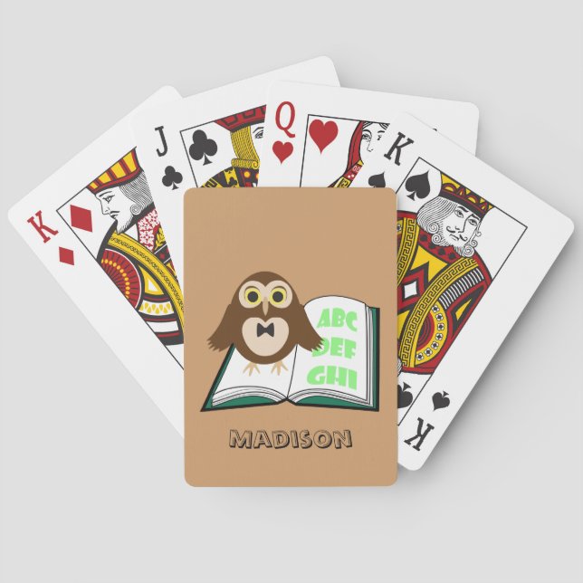 Personalize Cool Cute owl with Alphabet book Playing Cards (Back)