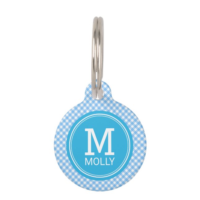 Personalize Country Baby Blue Gingham Monogram Pet Tag (Front)