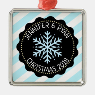 Personalize Couple's Blue Black White Snowflake Metal Ornament