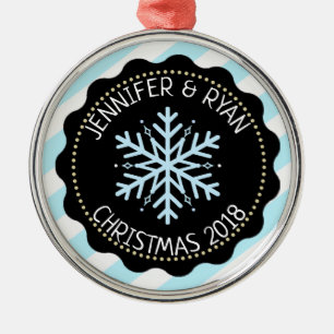 Personalize Couple's Blue Black White Snowflake Metal Ornament