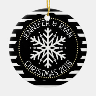 Personalize Couple's Photo Black  White Snowflake Ceramic Ornament