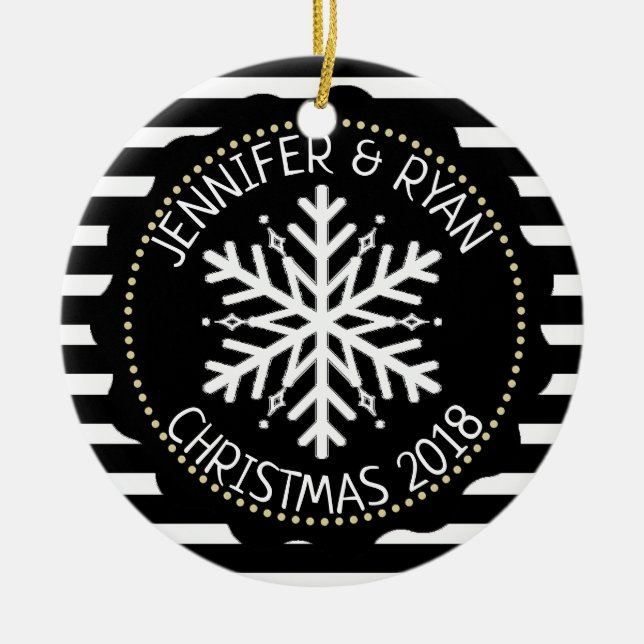 Personalize Couple's Photo Black  White Snowflake Ceramic Ornament (Front)