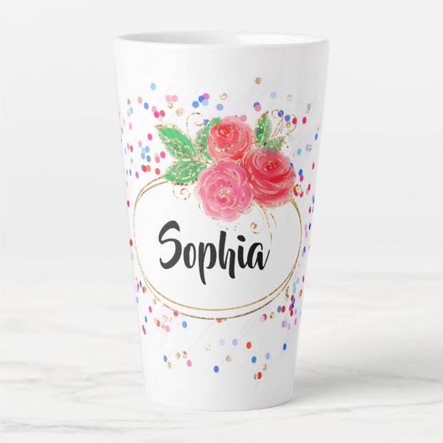 Personalize cup, glitter cheerful girl custom name latte mug (Front)