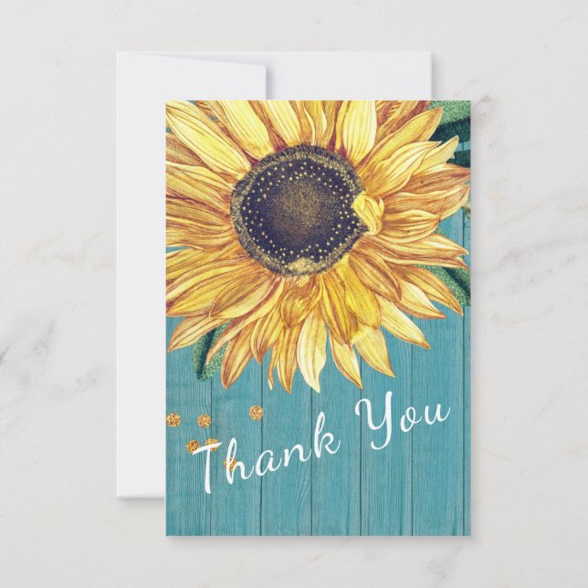 Personalize Custom Rustic Chic Sunflower Barn Wood Thank You Card (Back)