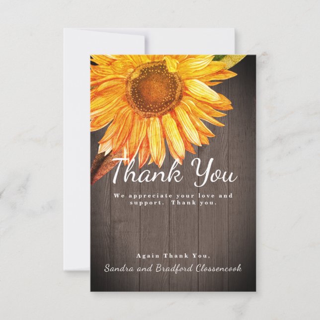 Personalize Custom Rustic Sunflower Brown Wood Thank You Card (Front)