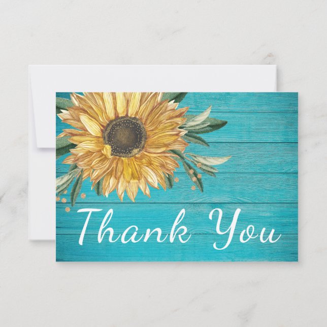 Personalize Custom Rustic Sunflower Teal Blue Thank You Card (Back)