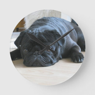 Personalize cute black Pug Puppy accessories name Round Clock