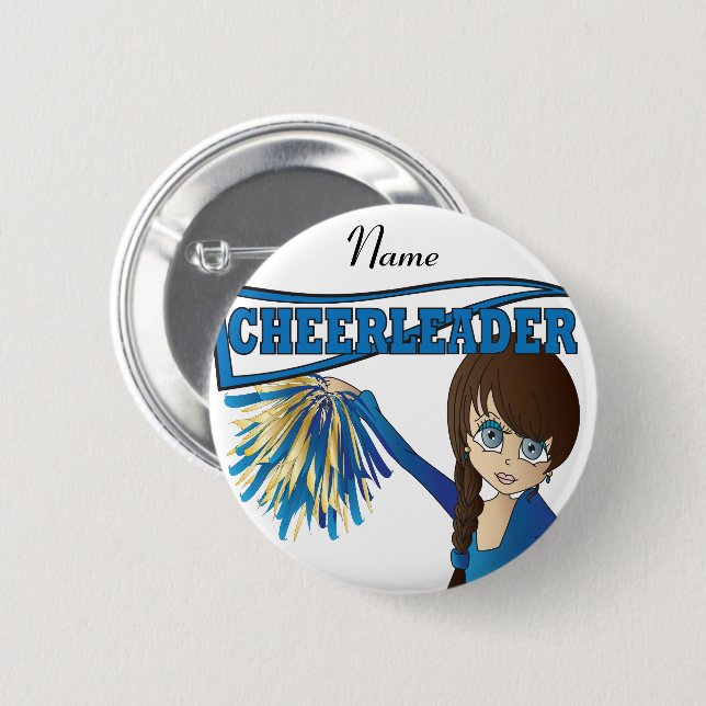 Personalize Cute Blue Cheerleader Girl 2 Inch Round Button (Front & Back)