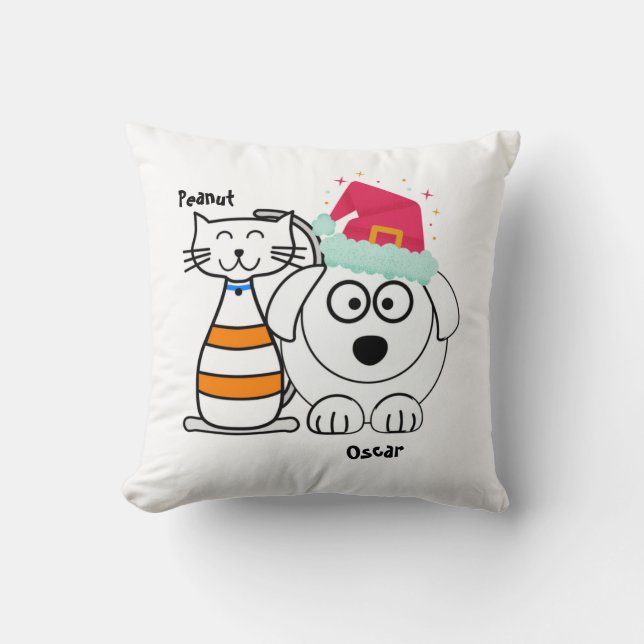 Personalize Cute Cat & Dog Christmas  Throw Pillow (Front)