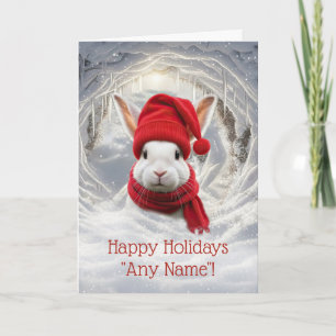 Personalize Cute Christmas White Bunny Rabbit Card