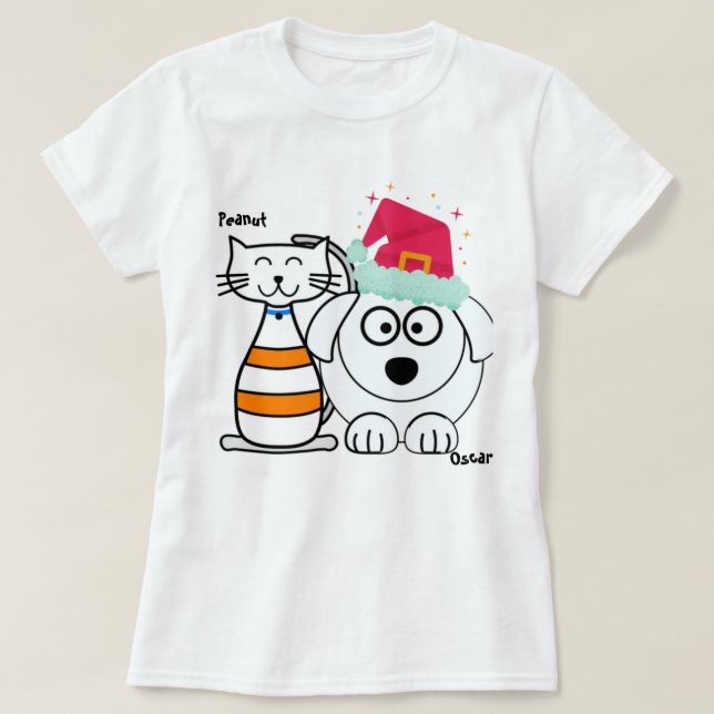 Personalize Cute Custom Cat & Dog Merry Christmas  T-Shirt (Design Front)
