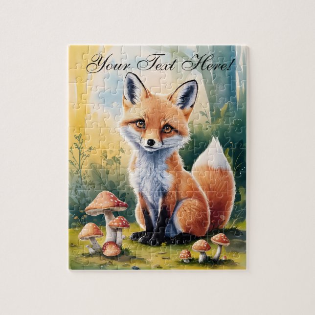 Personalize Cute Fox in Mushroom Forest Jigsaw Puzzle (Vertical)