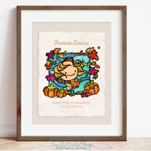 Personalize Cute Girl with Pumpkins Windy Autumn Poster