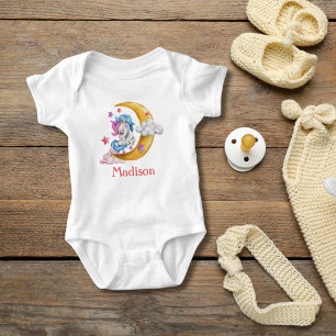 Personalize Cute Girly Unicorn Moon Clouds Pink Baby Bodysuit