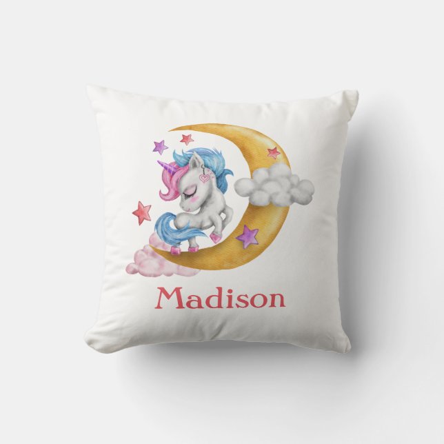 Personalize Cute Girly Unicorn Moon Clouds Pink  Throw Pillow (Front)